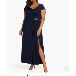 NWT Classy Alex Evenings Navy Blue Embellished Ruched Gown Maxi Dress Plus 18W